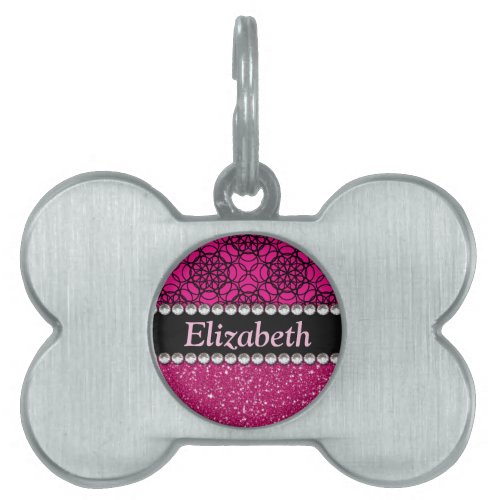 Glitter Pink and Black Pattern Rhinestones Pet Tag