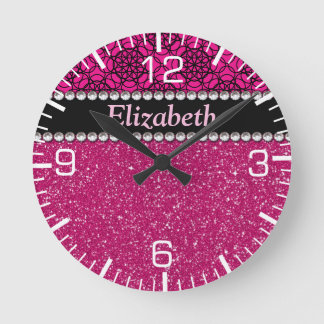 Glitter Pink and Black Pattern Rhinestones Round Clock