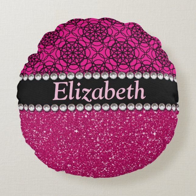 Glitter Pink and Black Pattern Rhinestones Round Pillow (Front)