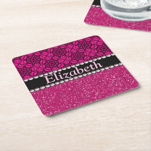 Glitter Pink and Black Pattern Rhinestones Square Paper Coaster (Angled)