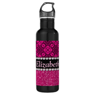Glitter Pink and Black Pattern Rhinestones Stainless Steel Water Bottle