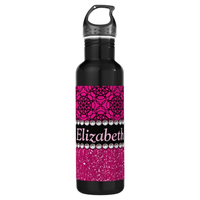 Glitter Pink and Black Pattern Rhinestones Stainless Steel Water Bottle (Front)
