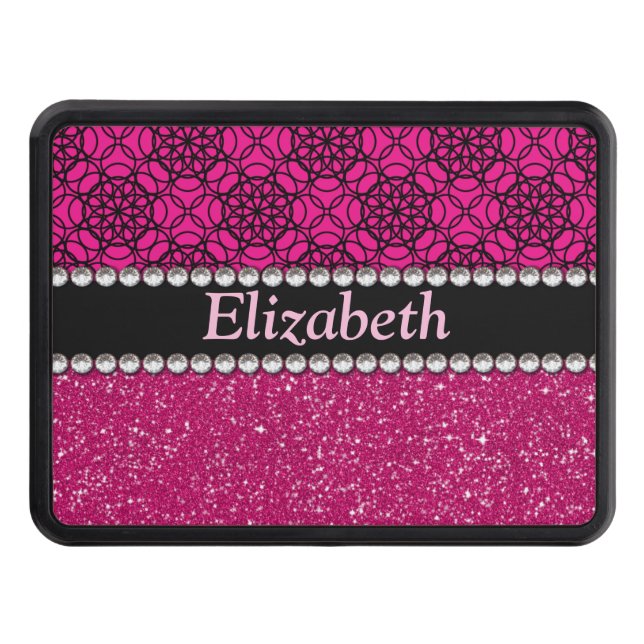 Glitter Pink and Black Pattern Rhinestones Trailer Hitch Cover (Front)