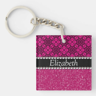 Glitter Pink and Black Pern Rhinestones Keychain