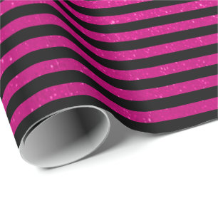 Glitter Pink and Black Stripes Wrapping Paper