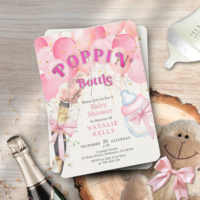 Glitter Pink Balloon Poppin' Bottles Baby Shower Invitation (Glitter Pink Balloon Poppin' Bottles Baby Shower Invitation)