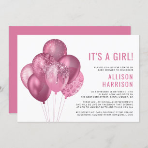 Glitter Pink Balloons Drive By Baby Girl Shower Invitation