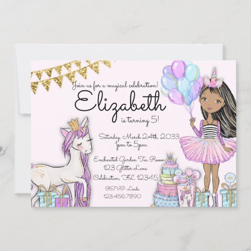 Glitter Pink Birthday African American Unicorn Invitation