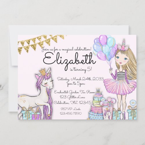 Glitter Pink Birthday Blonde Girl Unicorn Invitation