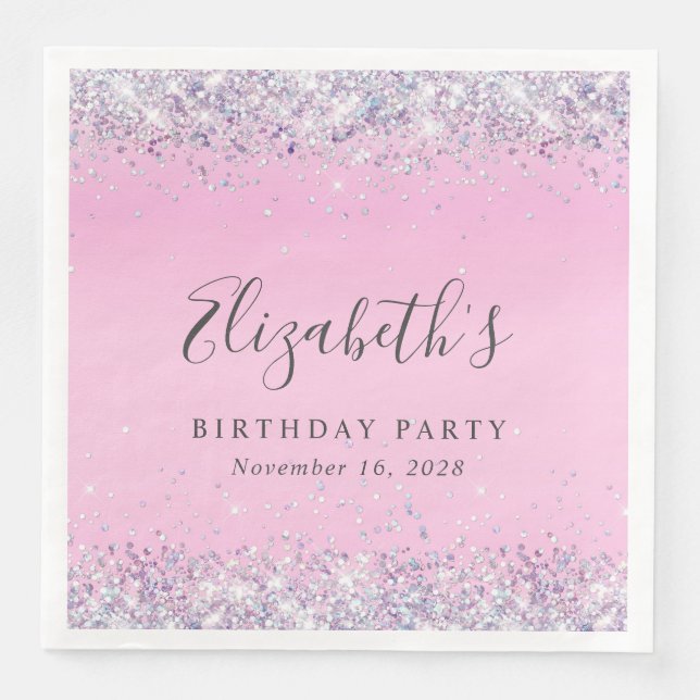 Glitter Pink Birthday Party Paper Dinner Napkins (Front)
