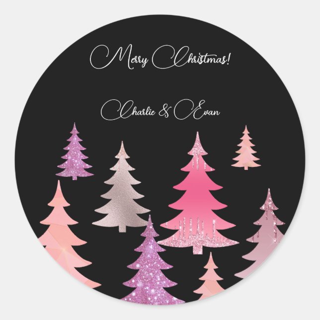 Glitter Pink Black Monogram Classic Round Sticker (Front)