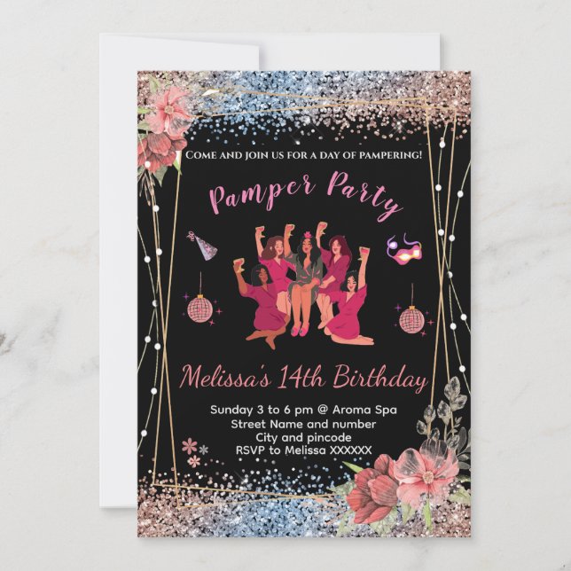 Glitter pink/black teen girls Pamper party invites (Front)