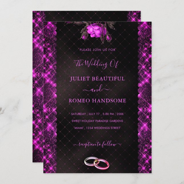 Glitter Pink Black Wedding Invitation Template (Front/Back)