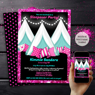Glitter Pink Blue Black Teepee Sleepover Birthday  Invitation