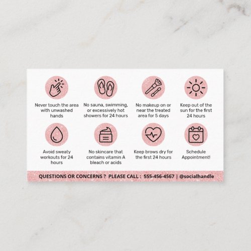 Glitter Pink Brows Aftercare PMU Brow Instructions Business Card