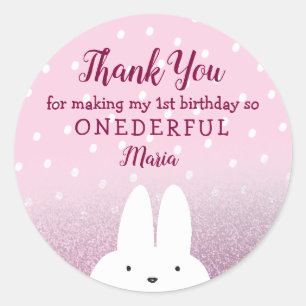 Glitter Pink Bunny Onederland 1st Classic Round Sticker