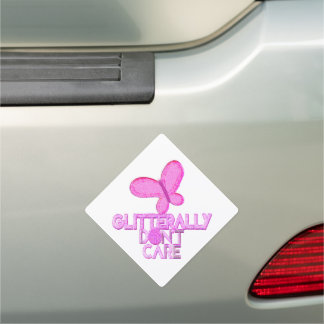 Glitter pink butterfly don't care car magnet