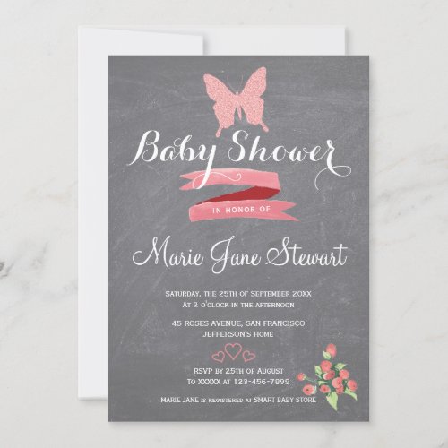 Glitter pink butterfly ribbon baby girl shower invitation