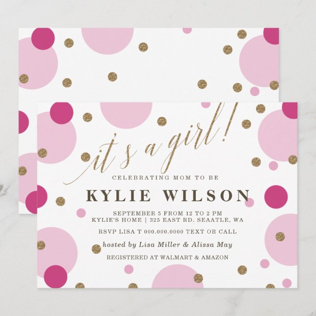 Glitter Pink Confetti Its a Girl Baby Shower  Invitation (Front/Back)