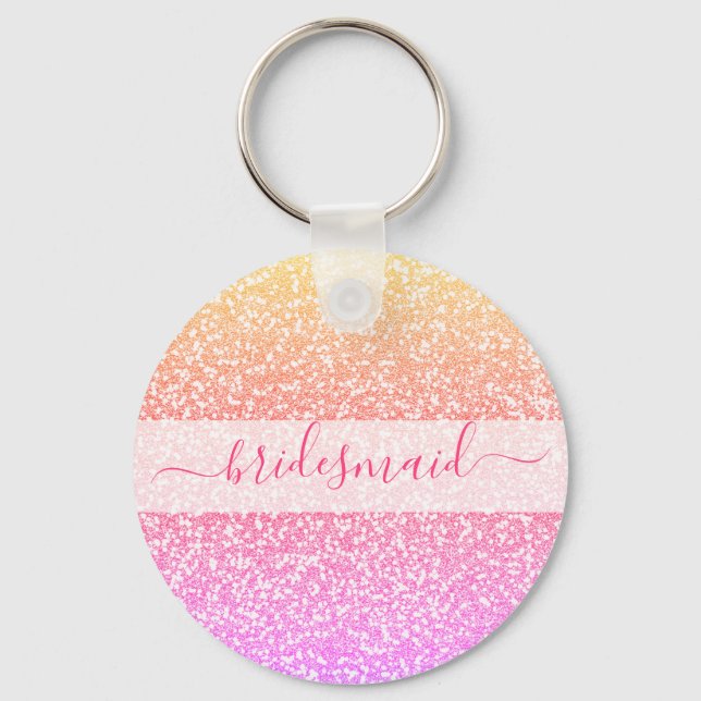 Glitter Pink Coral Rose Gold Bridesmaid Keychain (Front)
