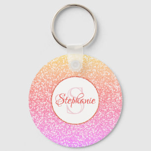 Glitter Pink Coral Rose Gold Round Monogram Keychain