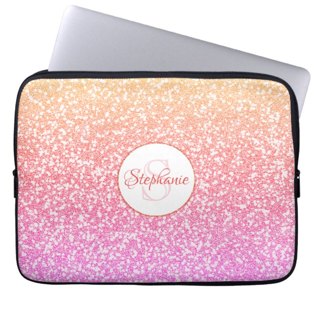 Glitter Pink Coral Rose Gold Round Monogram Laptop Sleeve (Front)
