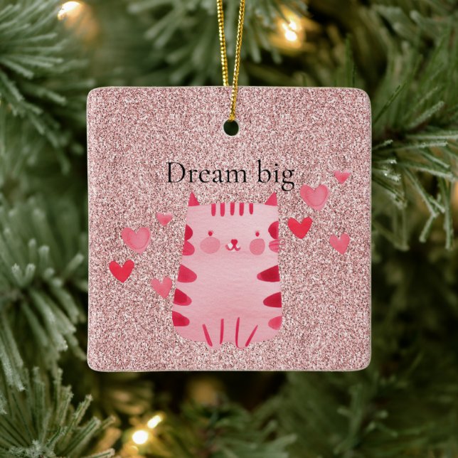 Glitter Pink Cute Cat Hearts  Ceramic Ornament (Tree)