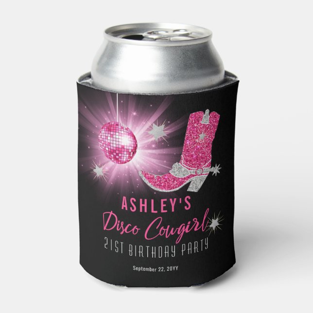 Glitter Pink Disco Cowgirl 21st Birthday Party Can Cooler (Can Front)