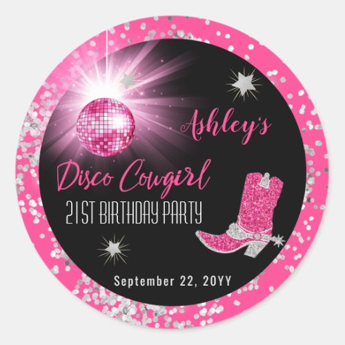 Glitter Pink Disco Cowgirl 21st Birthday Party Classic Round Sticker