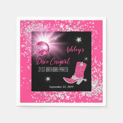 Glitter Pink Disco Cowgirl 21st Birthday Party Napkins