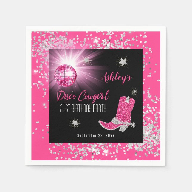 Glitter Pink Disco Cowgirl 21st Birthday Party Napkins (Front)