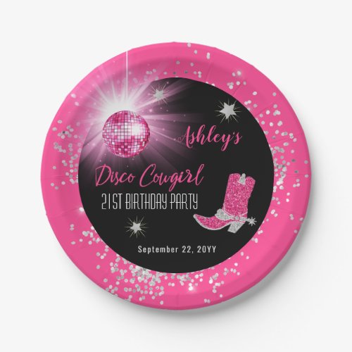 Glitter Pink Disco Cowgirl 21st Birthday Party Paper Plates