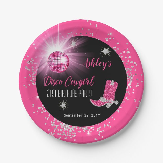 Glitter Pink Disco Cowgirl 21st Birthday Party Paper Plates (Front)