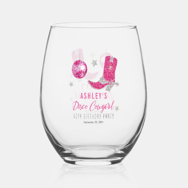 Glitter Pink Disco Cowgirl 40th Birthday Party Stemless Wine Glass (Front)