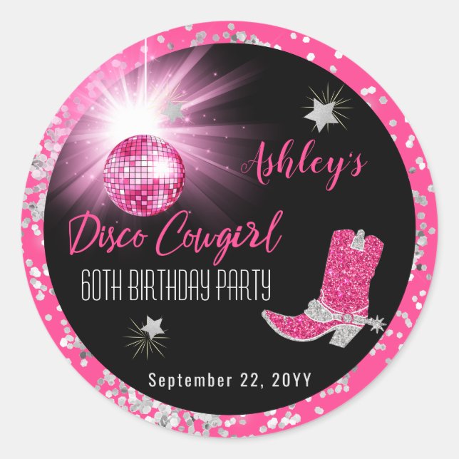 Glitter Pink Disco Cowgirl 60th Birthday Party Classic Round Sticker (Front)