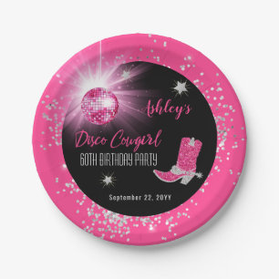 Glitter Pink Disco Cowgirl 60th Birthday Party Paper Plates