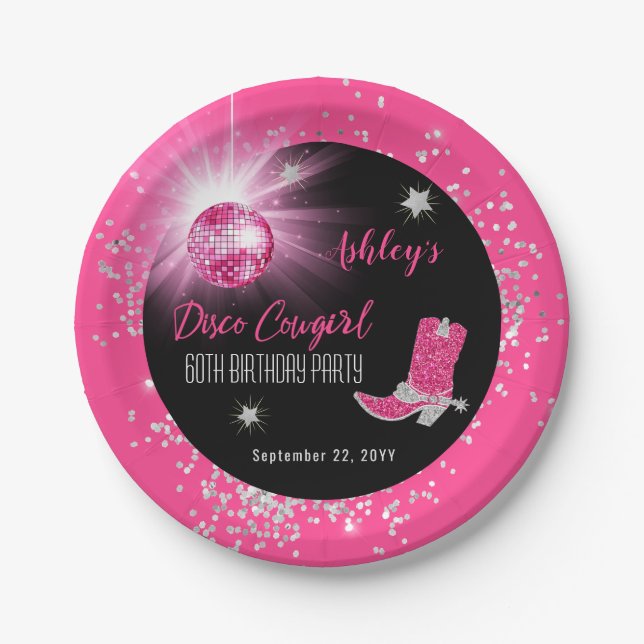 Glitter Pink Disco Cowgirl 60th Birthday Party Paper Plates (Front)