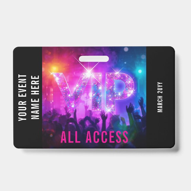 Glitter pink disco VIP concert all access event Badge (Front)