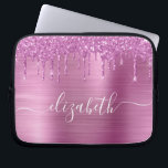 Glitter Pink Drips Monogrammed Laptop Sleeve<br><div class="desc">Monogrammed chic and girly laptop sleeve featuring pink faux glitter drips and a pink brushed background. Personalize with your name in a stylish trendy white script with swashes.</div>
