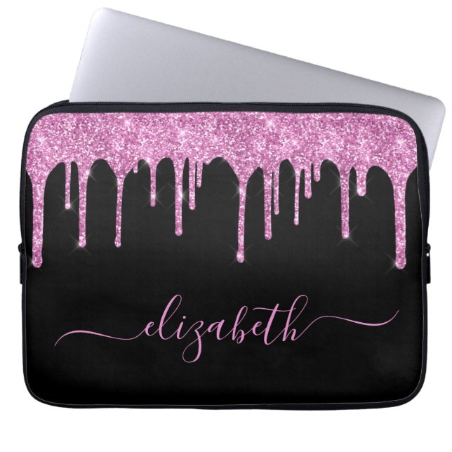 Glitter Pink Drips Personalized Black Laptop Sleeve (Front)