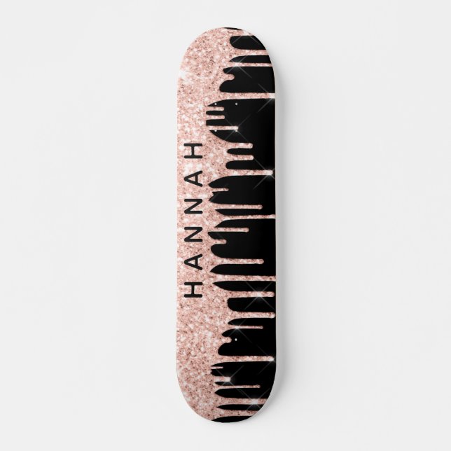 Glitter Pink Drips Personalized Black Skateboard (Front)