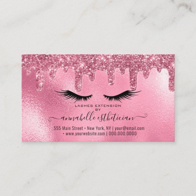 Glitter Pink Eyelash Extension Appointment Business Card (Front)
