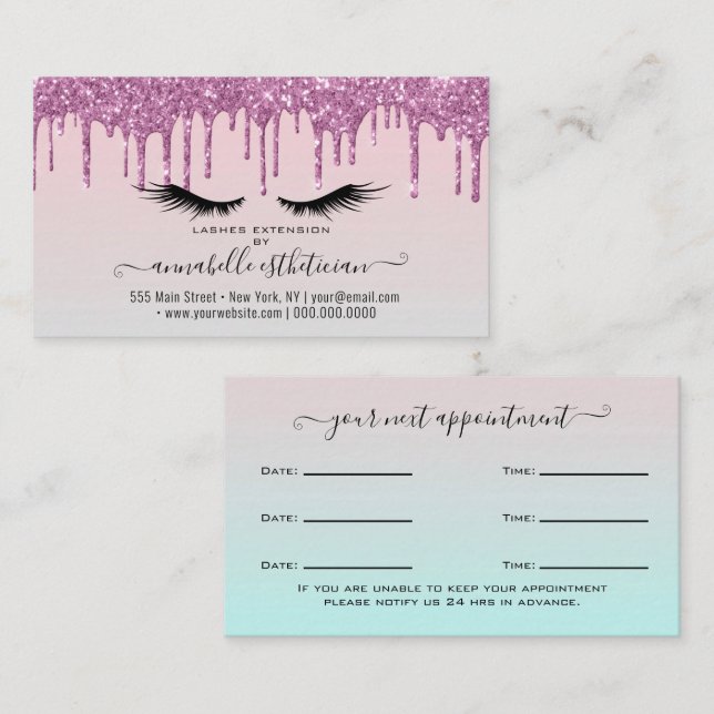 Glitter Pink Eyelash Extension Appointment Business Card (Front/Back)