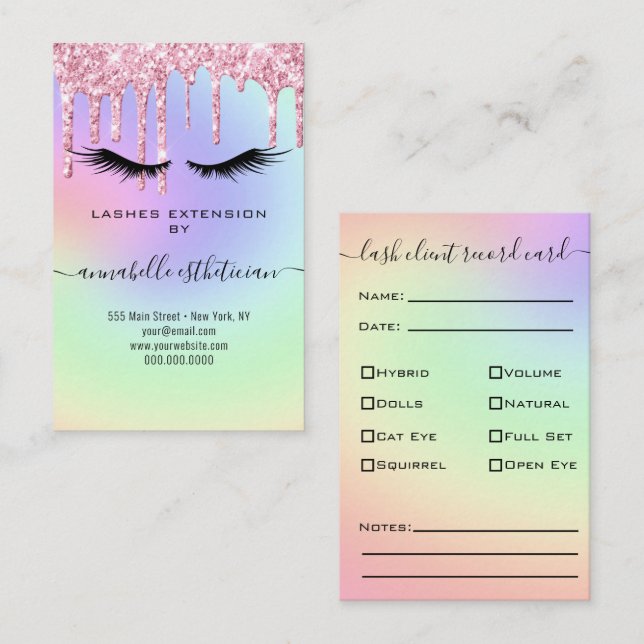 Glitter Pink Eyelash Extension Client Record  Business Card (Front/Back)