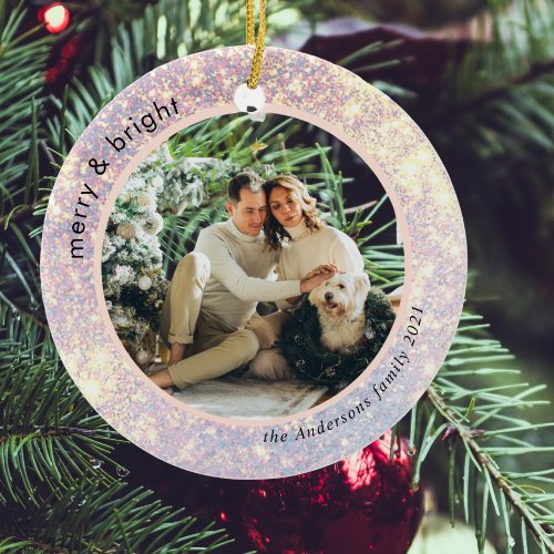 Glitter Pink Family Photo  Merry And Bright   Ceramic Ornament