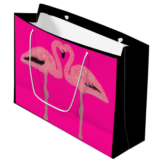 Glitter pink flamingo heart large gift bag (Front Angled)