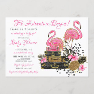 Glitter Pink Flamingo Leopard Print Baby Shower Invitation