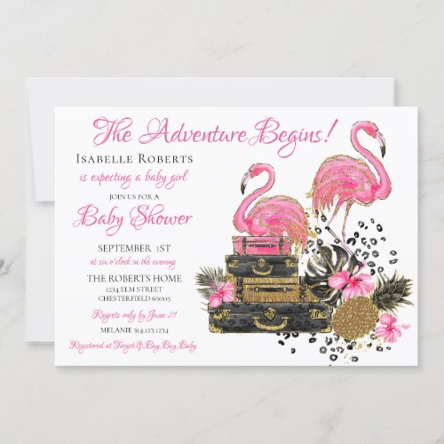 Glitter Pink Flamingo Leopard Print Baby Shower Invitation