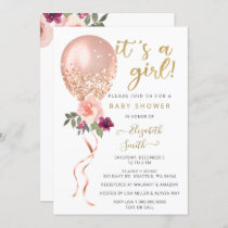 Glitter Pink Floral Balloon Girl Baby Shower Invitation