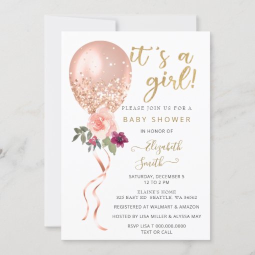 Glitter Pink Floral Balloon Girl Baby Shower Invitation | Zazzle